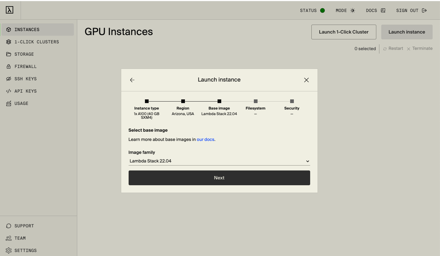Select GPU Instance on Lambda Cloud