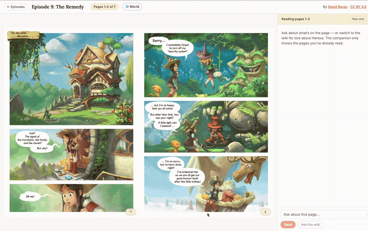 Screen recording of the deployed Pepper & Carrot reading companion: the StPageFlip flipbook on the left turning through episode pages, and the chat panel on the right streaming spoiler-safe, grounded answers from the Anthropic + Voyage backend, with follow-up suggestion chips.